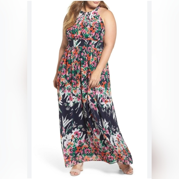 Eliza J Floral Abstract Halter Chiffon Maxi Dress - Picture 1 of 9